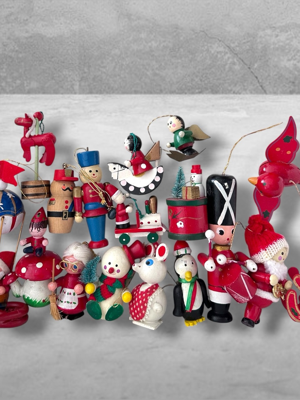 Vintage Lot of 19 Painted WOOD Christmas Ornaments